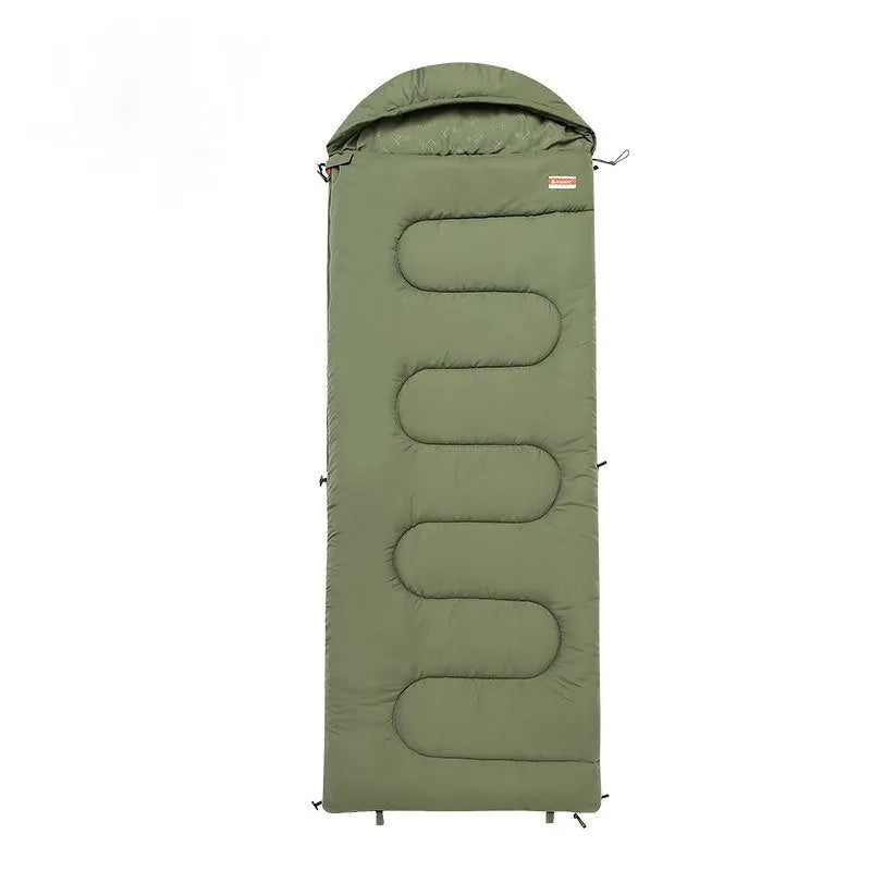 Ochre and olive green ultra-light cotton camping sleeping bag quilt rolled up.