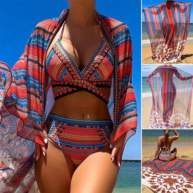 Women's three-piece swimsuit set showing high-waist briefs, sleeveless cutout blouse, and matching coat.