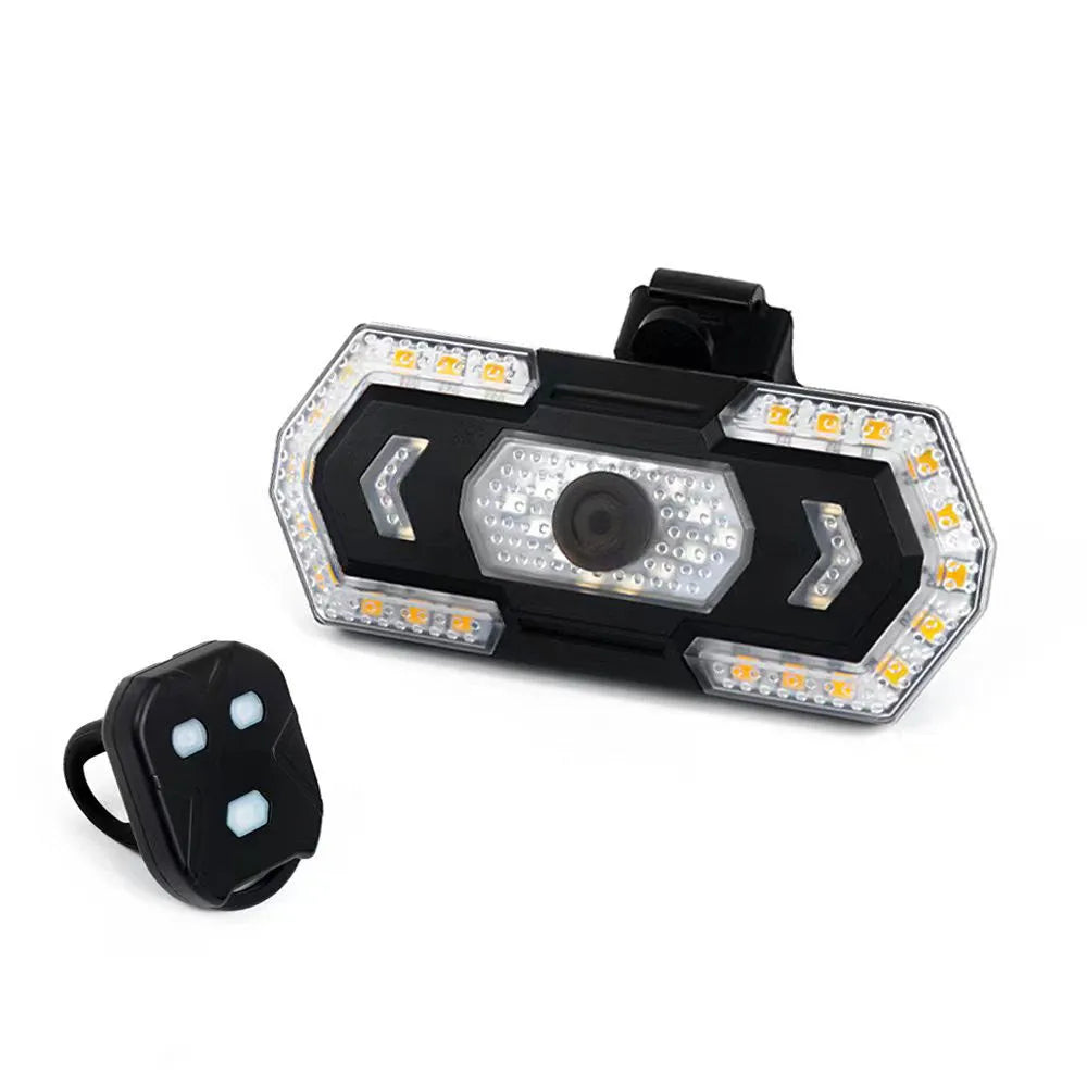 Black wireless remote control motorcycle taillight with LED indicators and USB charging port
