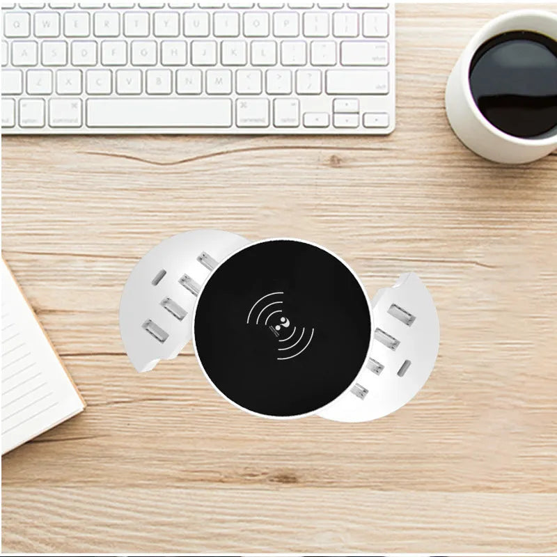 Ceramic white wireless circular charger with worldwide outlet compatibility and 1.5 metre cable
