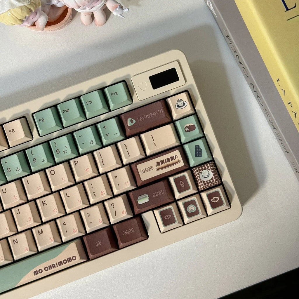 Matcha green mechanical keyboard keycap set with five-sided sublimation printing and key puller tool on a white background.