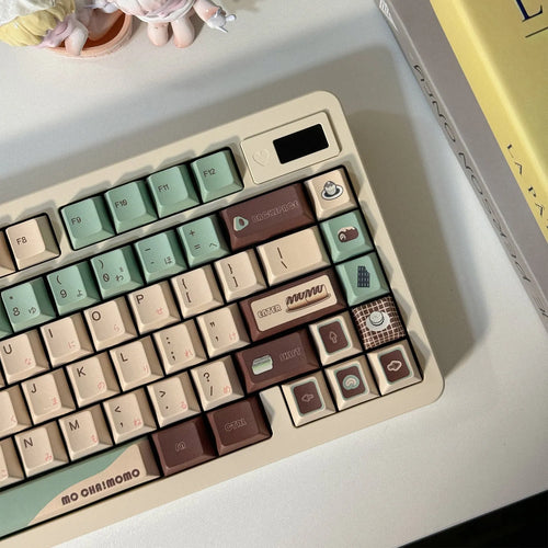 Matcha green mechanical keyboard keycap set with five-sided sublimation printing and key puller tool on a white background.