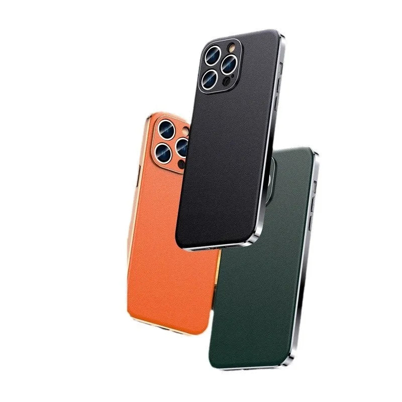 Genuine leather iPhone case with Napa texture, anti-fall and anti-fingerprint, in black, light blue, dark green, light purple and orange.