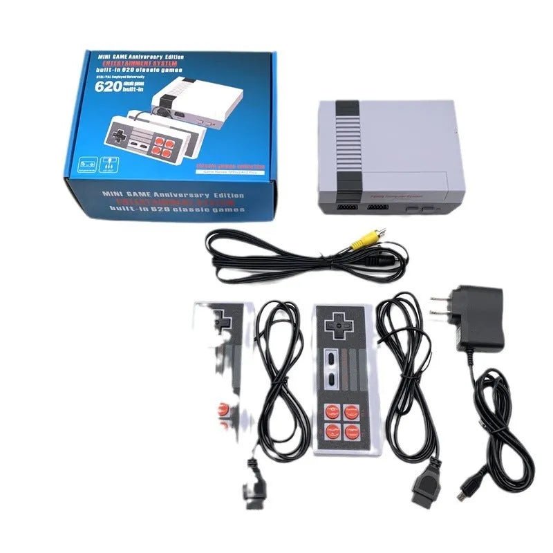 NES mini retro game console with two controllers showing compact 18.3cm design and AV connection cable