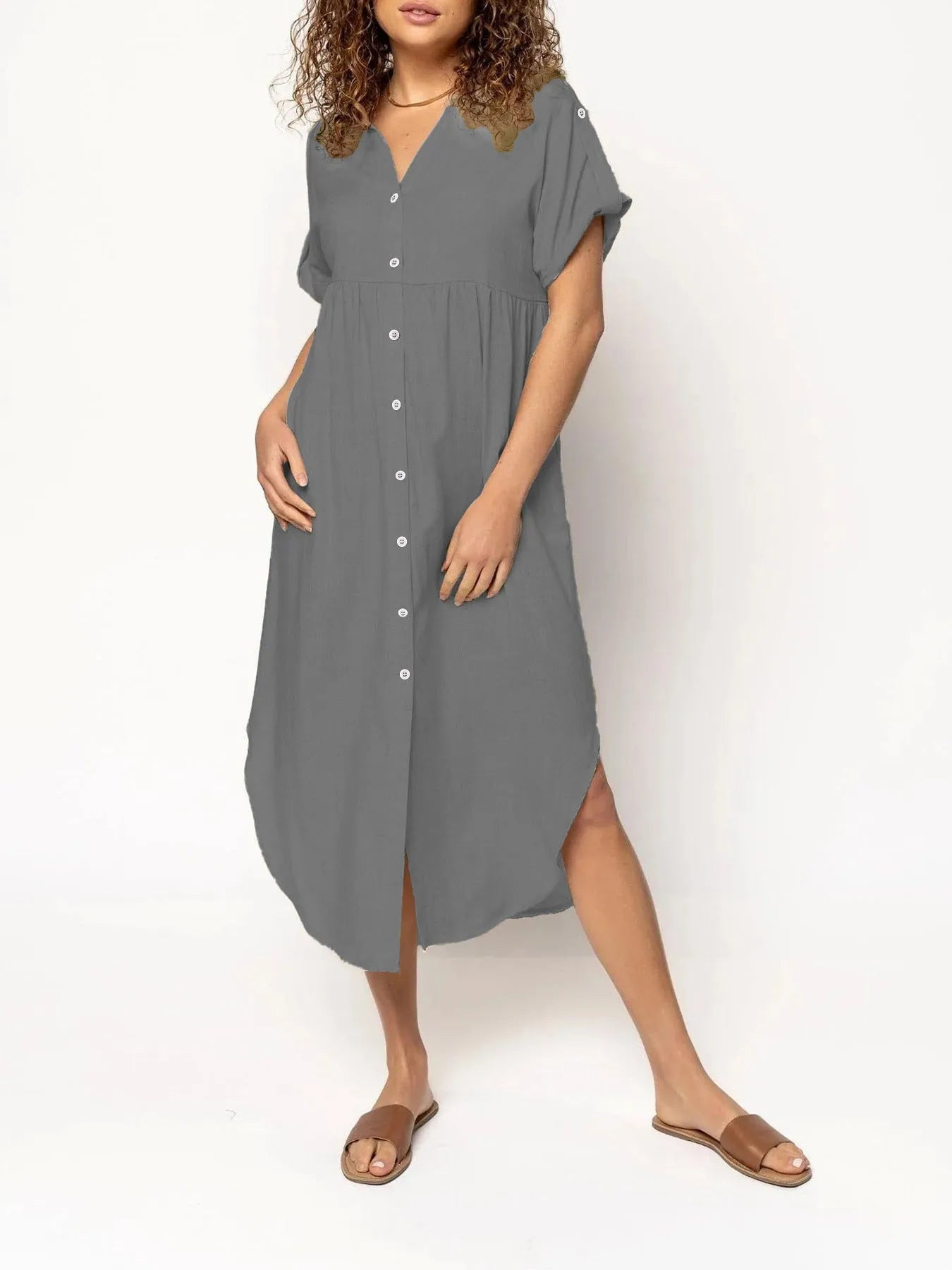 Casual button-front mid-length dress in loose fit available in multiple solid colours