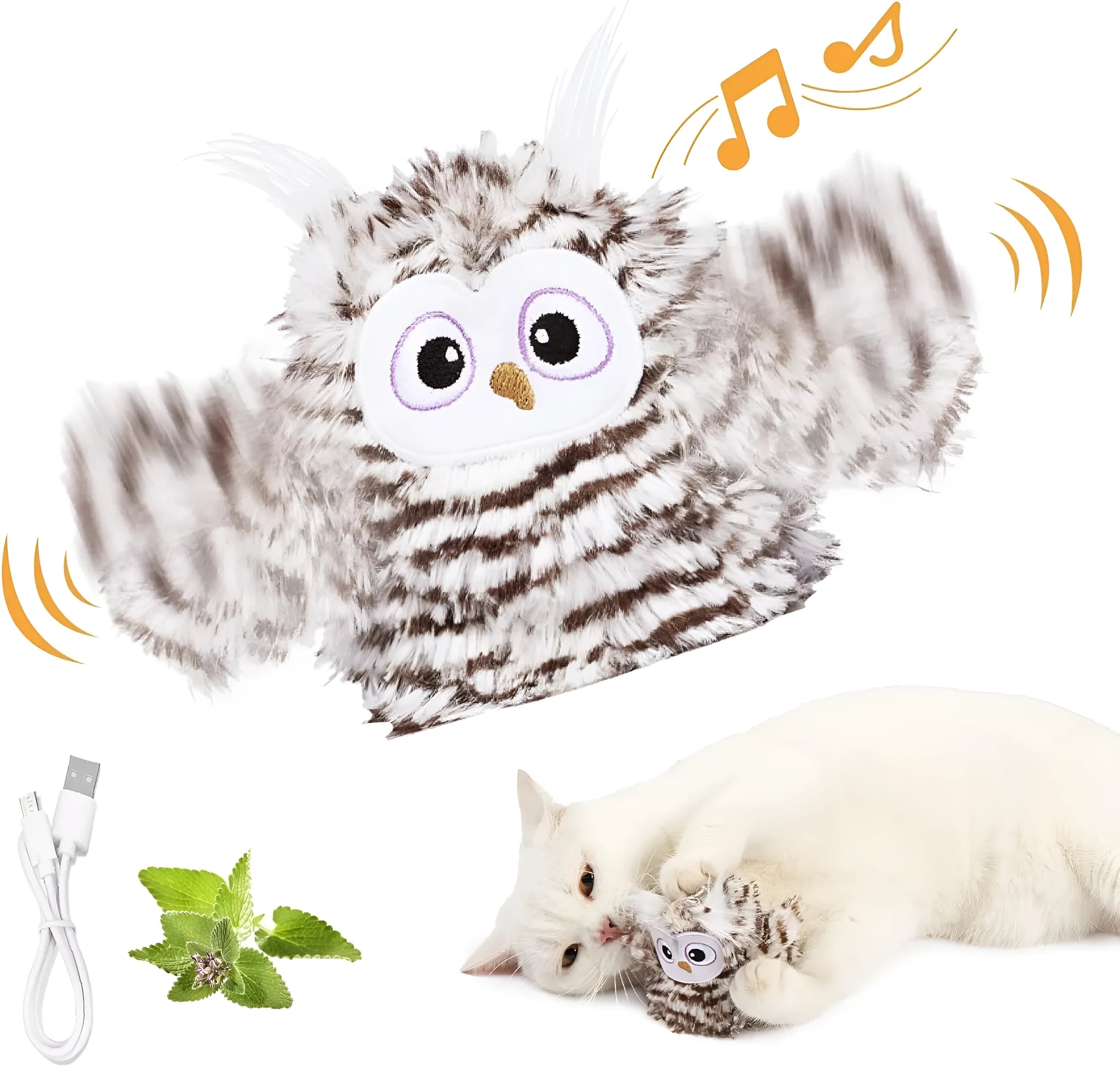 Grey automatic chirping owl cat toy with beating wings, 10x14cm with catnip
