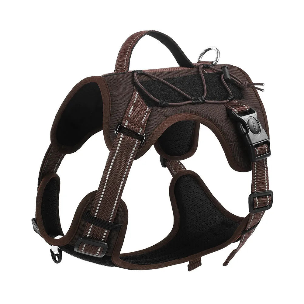 Orange PU dog vest harness with an integrated black hand-holding rope leash, shown on a medium-sized dog.
