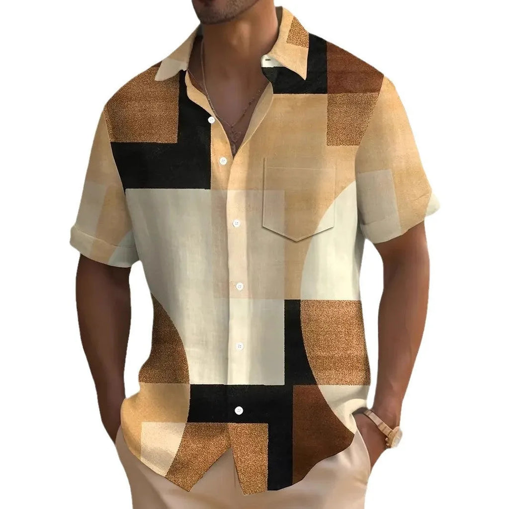 Classic retro men's shirt with geometric contrast colour block and square 3D printed pattern, loose cardigan fit, short sleeves