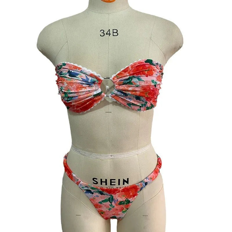 Floral print bikini set with tube top and briefs in European swimwear style
