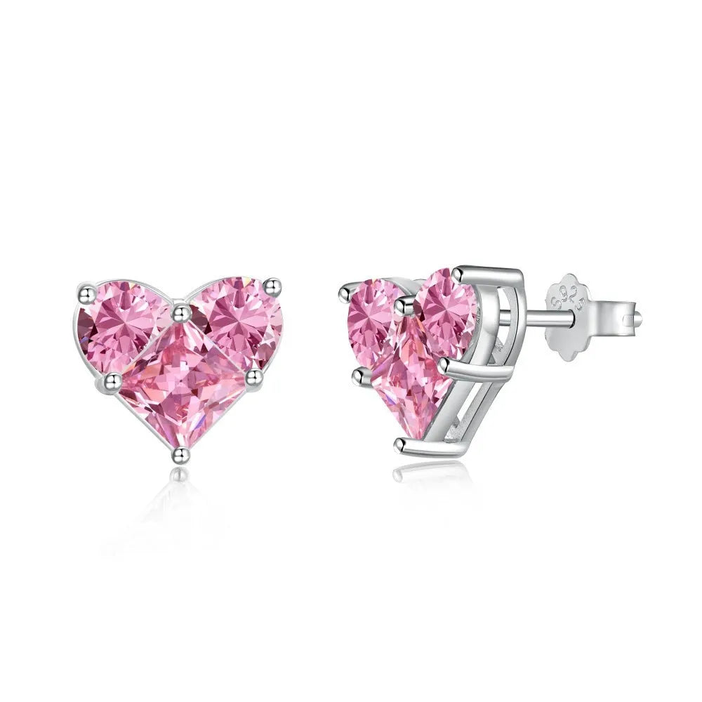 Pair of 925 sterling silver heart-shaped stud earrings with zircon detail and electroplated finish