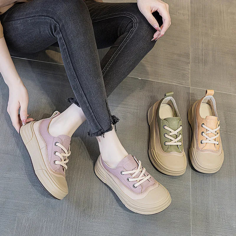 Women's round toe leather casual platform sneakers in matcha green, front lace-up design