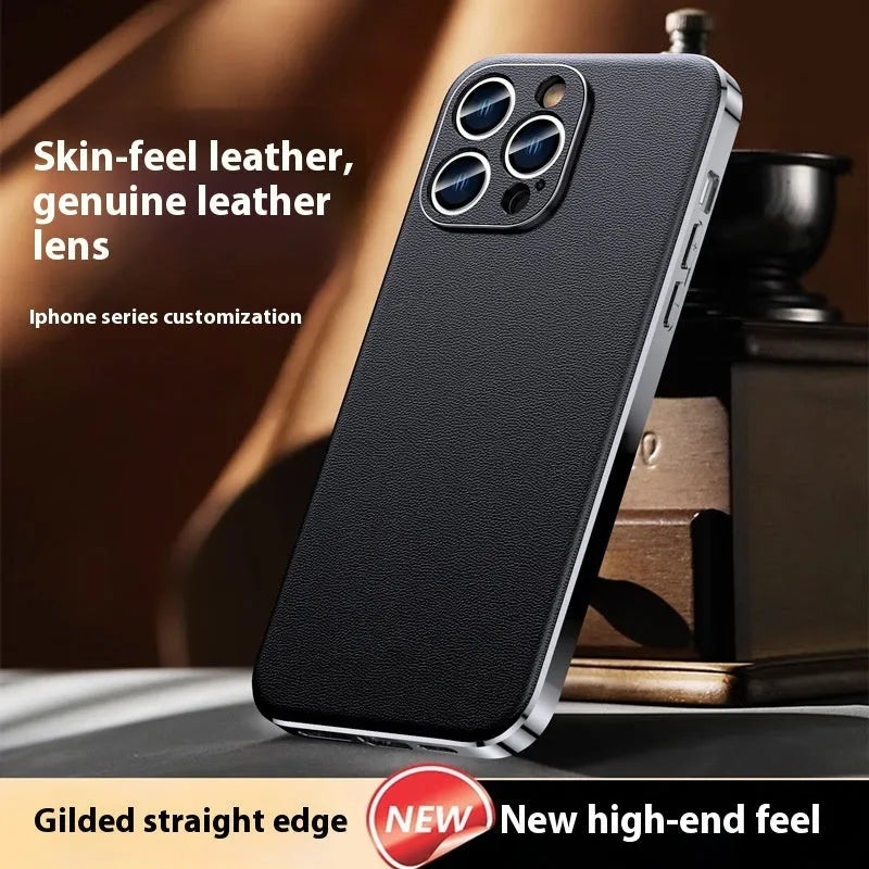 Genuine leather iPhone case with Napa texture, anti-fall and anti-fingerprint, in black, light blue, dark green, light purple and orange.