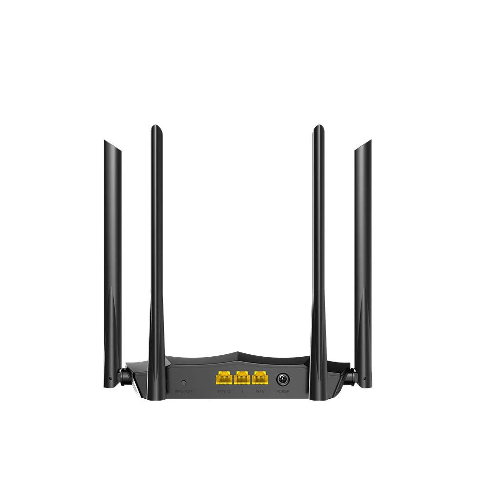 Black AC8 gigabit dual-band wireless router showing three Ethernet ports on back panel