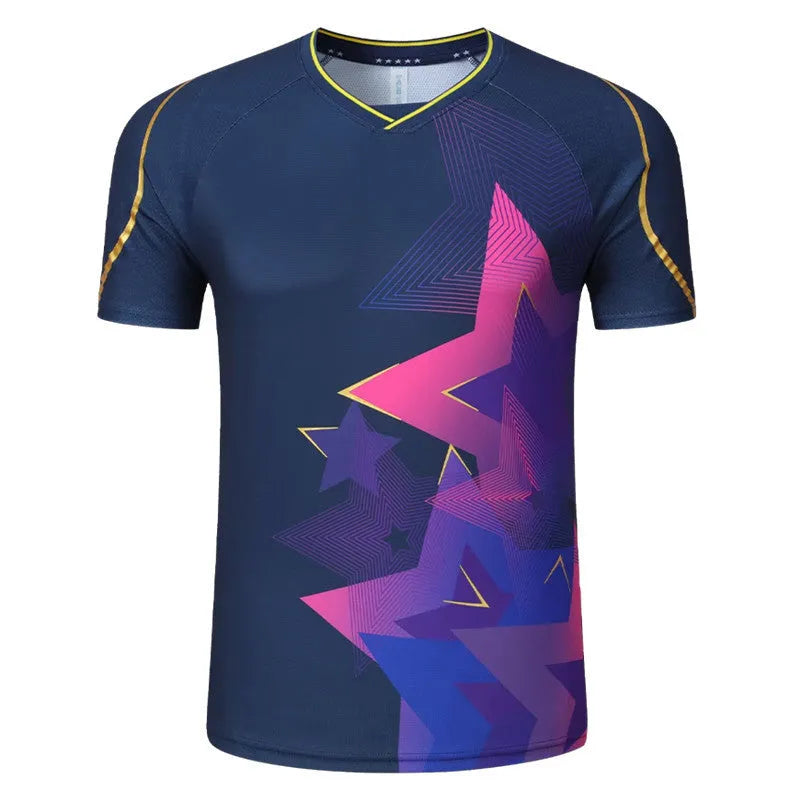 Badminton sportswear outfit set showing a short-sleeved top and matching trousers in a blue colour.