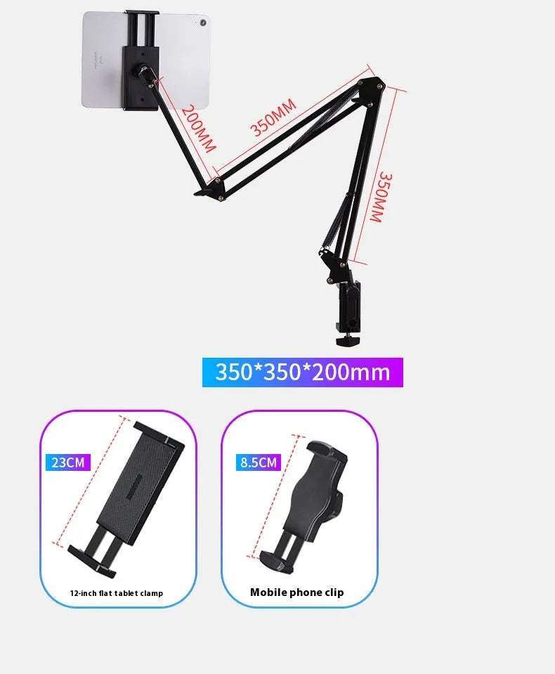 Black foldable metal desktop cantilever bracket holding a tablet, showing adjustable arm and clamp.
