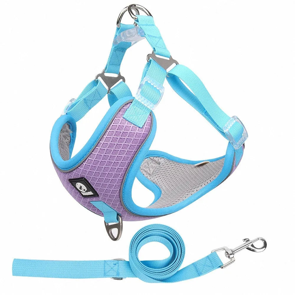 Adjustable breathable mesh dog harness with reflective stitching in multiple colour options