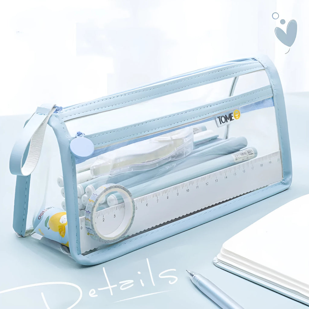 Transparent double-layer pencil case showing clear PVC construction with separate compartments