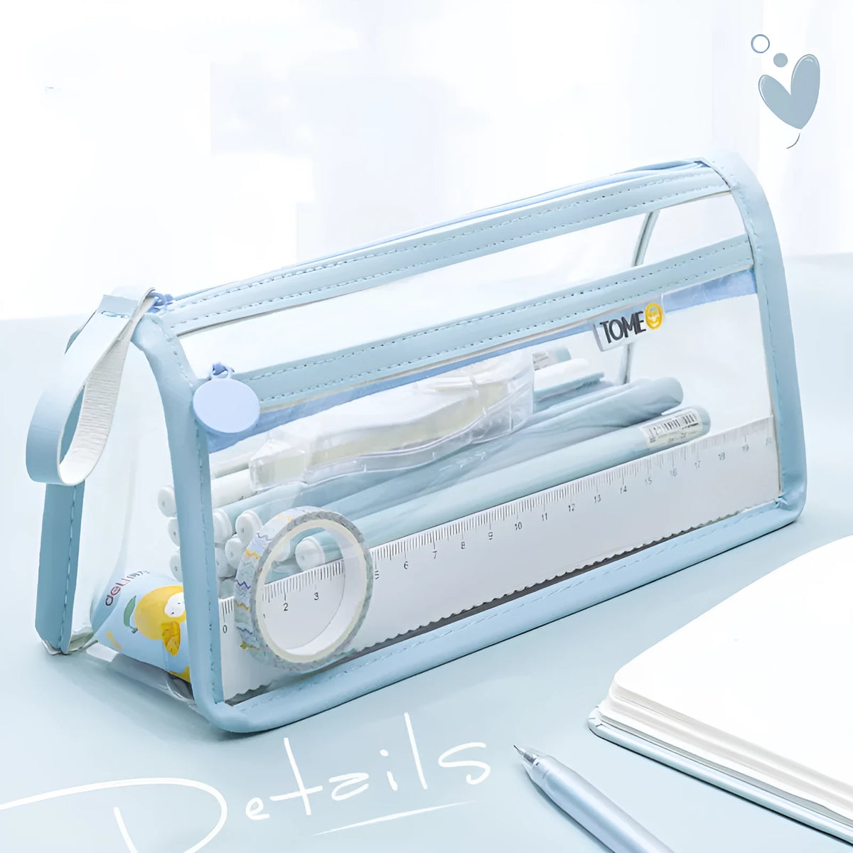 Transparent double-layer pencil case showing clear PVC construction with separate compartments